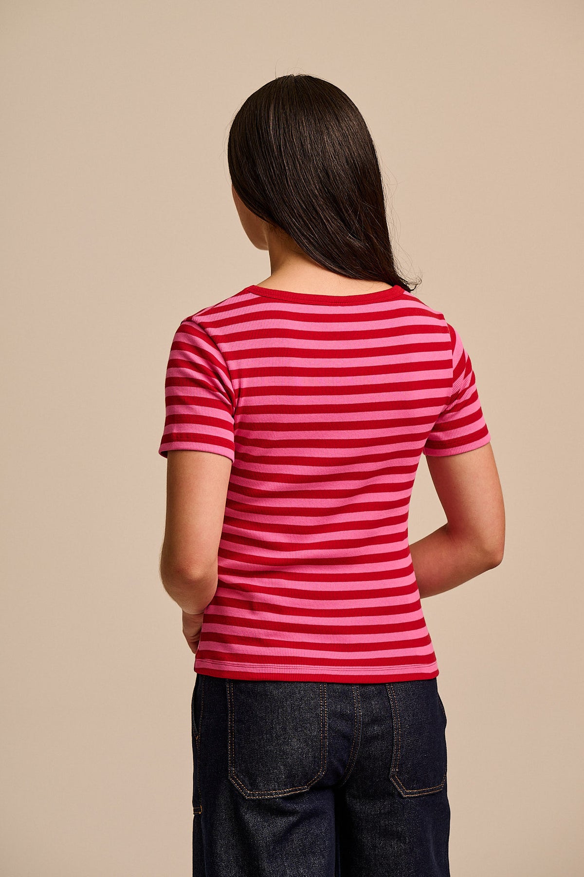 Vita - Scoop Neck T-Shirt Organic Cotton in Red & Pink Stripe