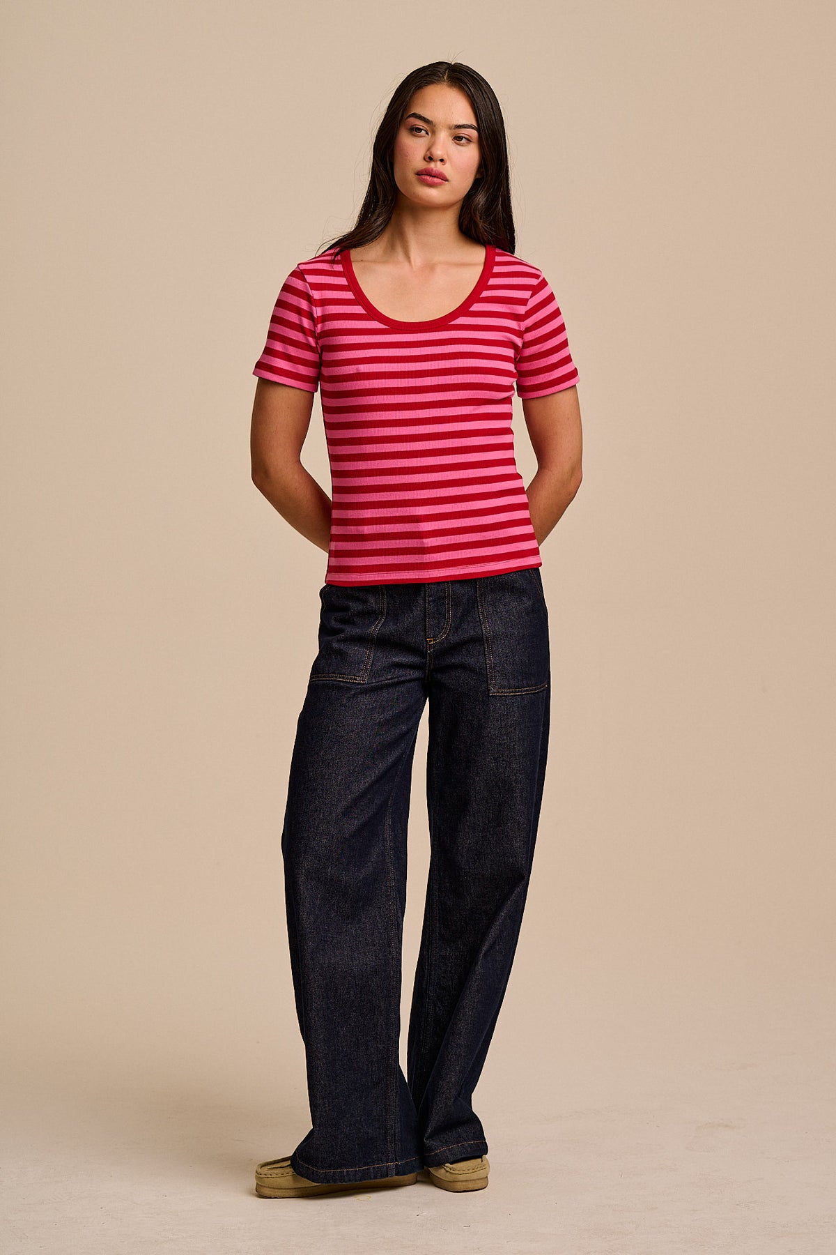 Vita - Scoop Neck T-Shirt Organic Cotton in Red & Pink Stripe