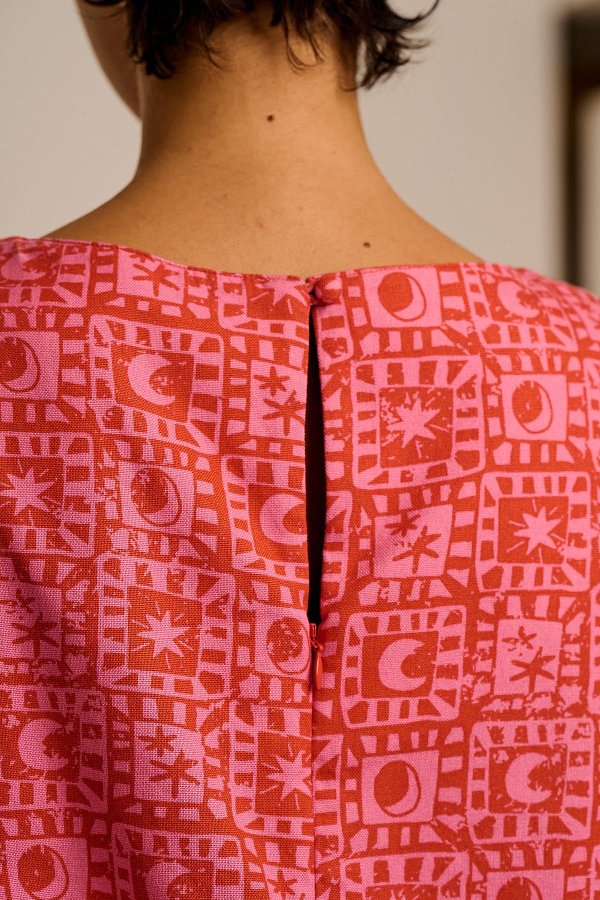 Zadie - Oversized Playsuit - Organic Cotton in Pink & Red Lunar Checkerboard