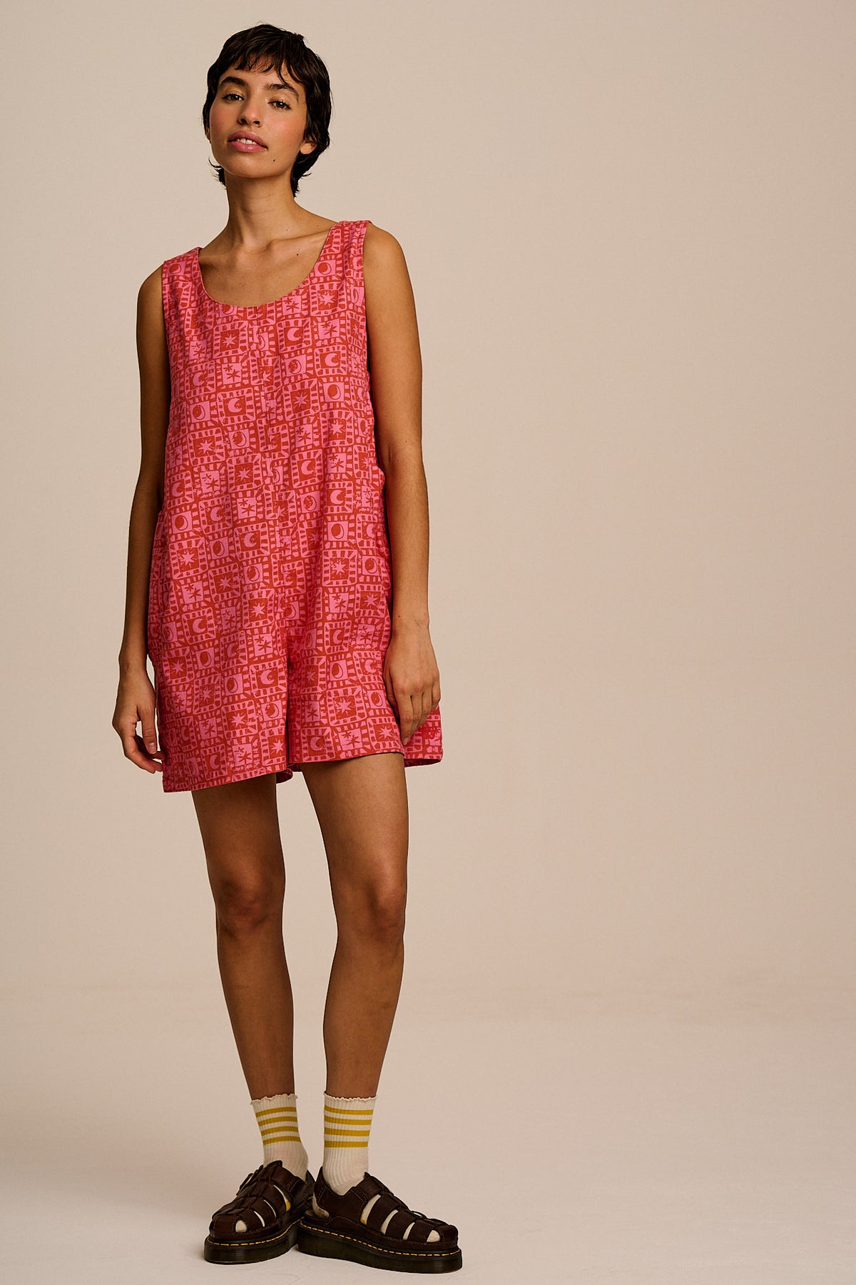 Zadie - Oversized Playsuit - Organic Cotton in Pink & Red Lunar Checkerboard