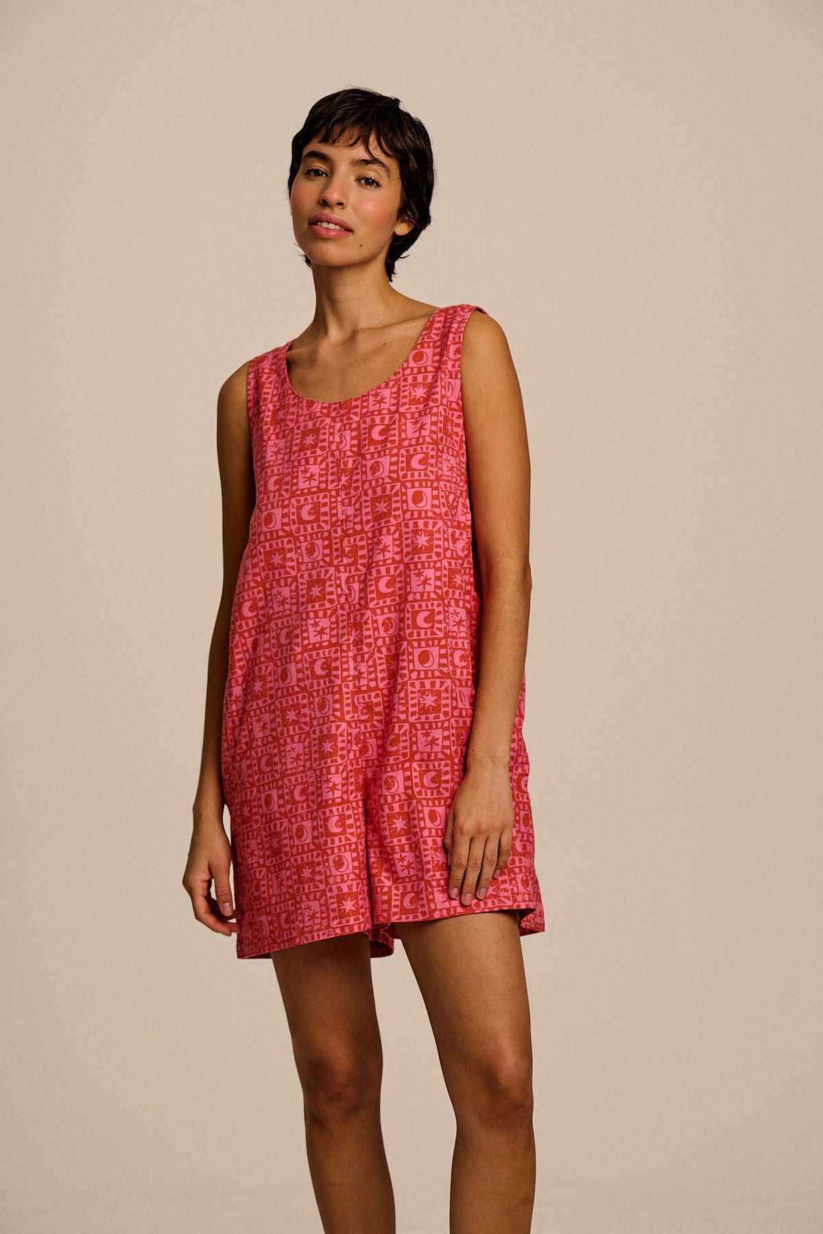 Zadie - Oversized Playsuit - Organic Cotton in Pink & Red Lunar Checkerboard