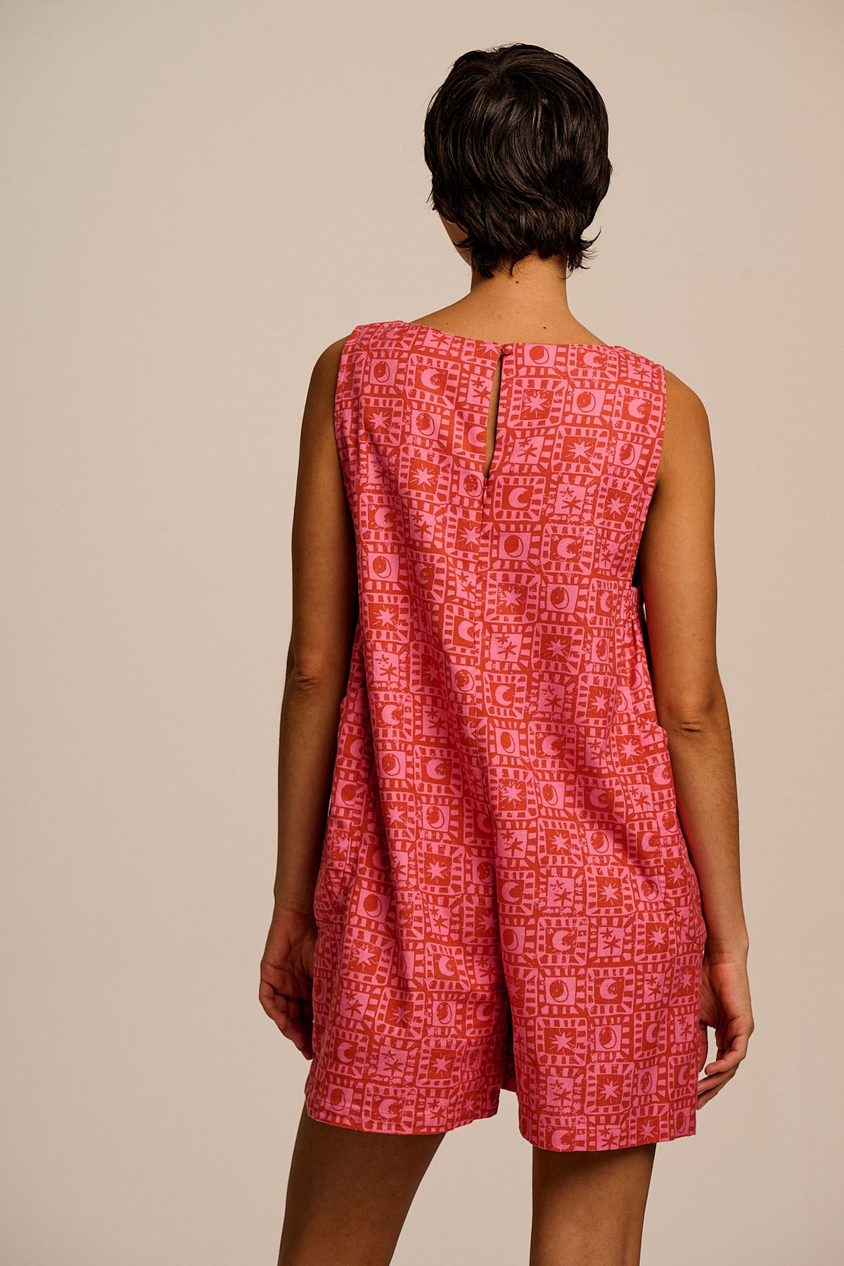 Zadie - Oversized Playsuit - Organic Cotton in Pink & Red Lunar Checkerboard