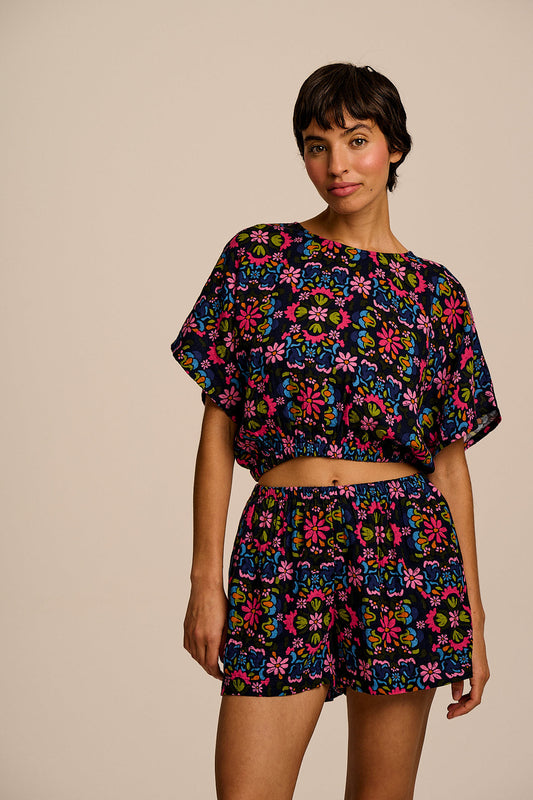 Zamora - Cotton Top in Blue Artisan Floral Patchwork