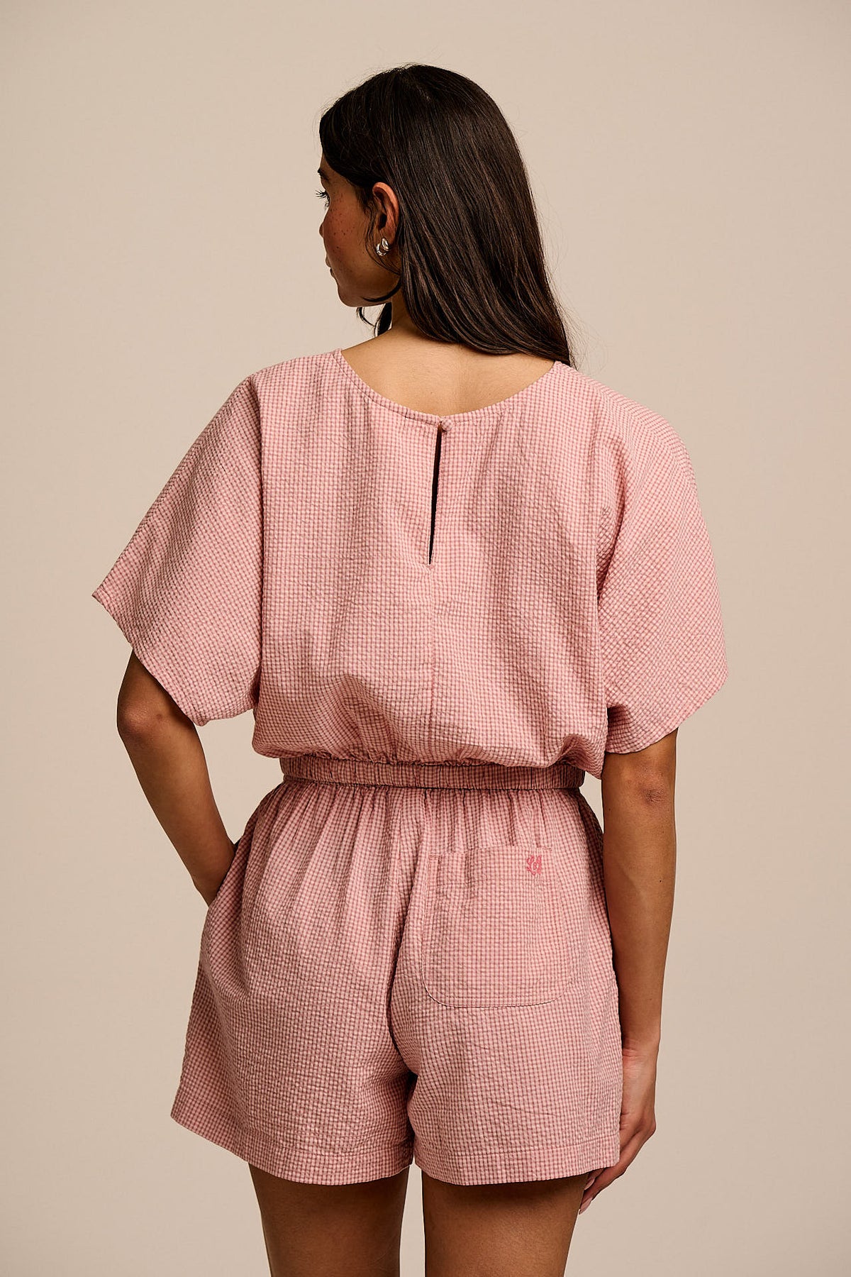 Zamora - Cropped Top Organic Cotton Seersucker in Pink Mini Gingham