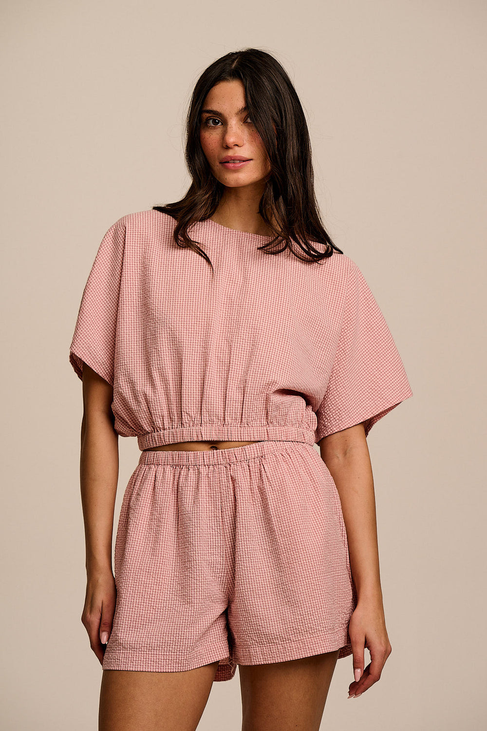 Popan - Relaxed Shorts Organic Cotton Seersucker in Pink Mini Gingham