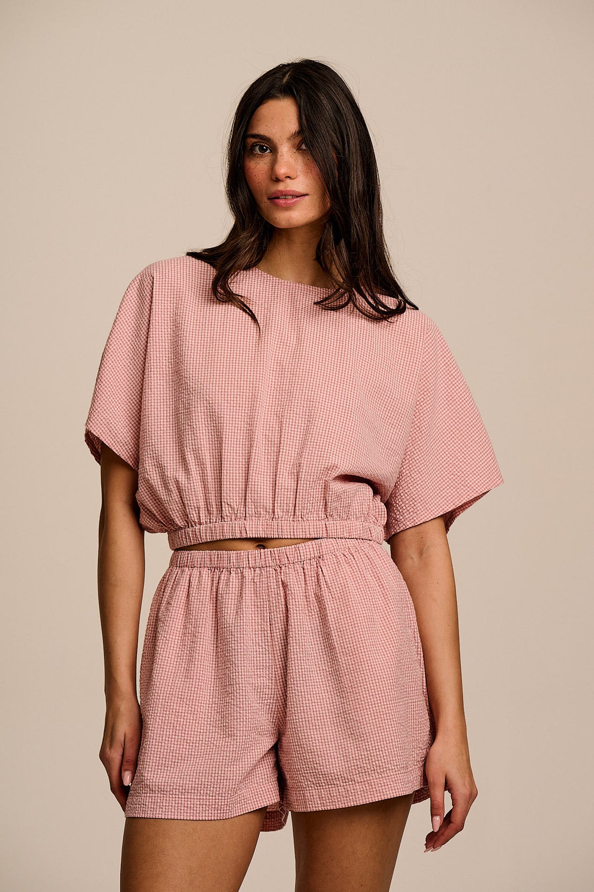 Popan - Relaxed Shorts Organic Cotton Seersucker in Pink Mini Gingham
