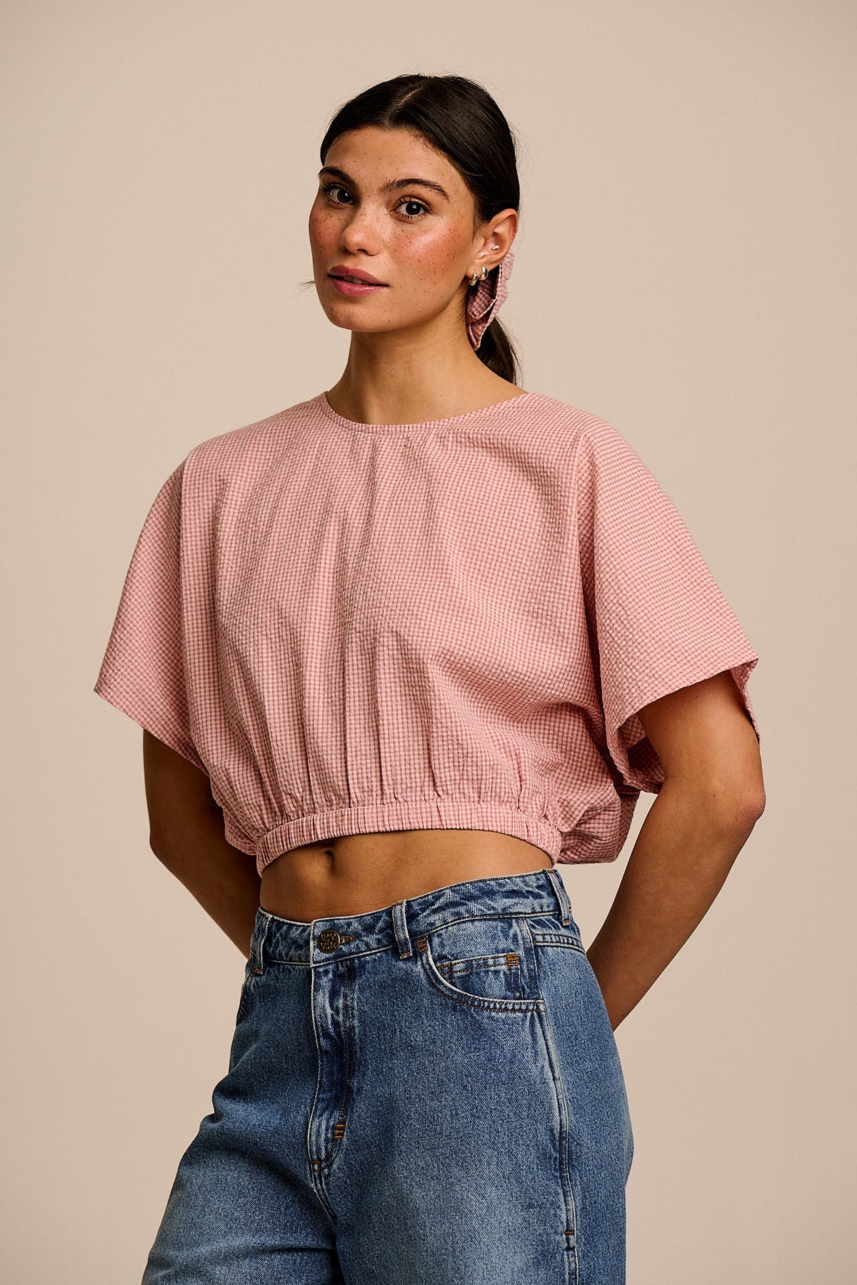 Zamora - Cropped Top Organic Cotton Seersucker in Pink Mini Gingham