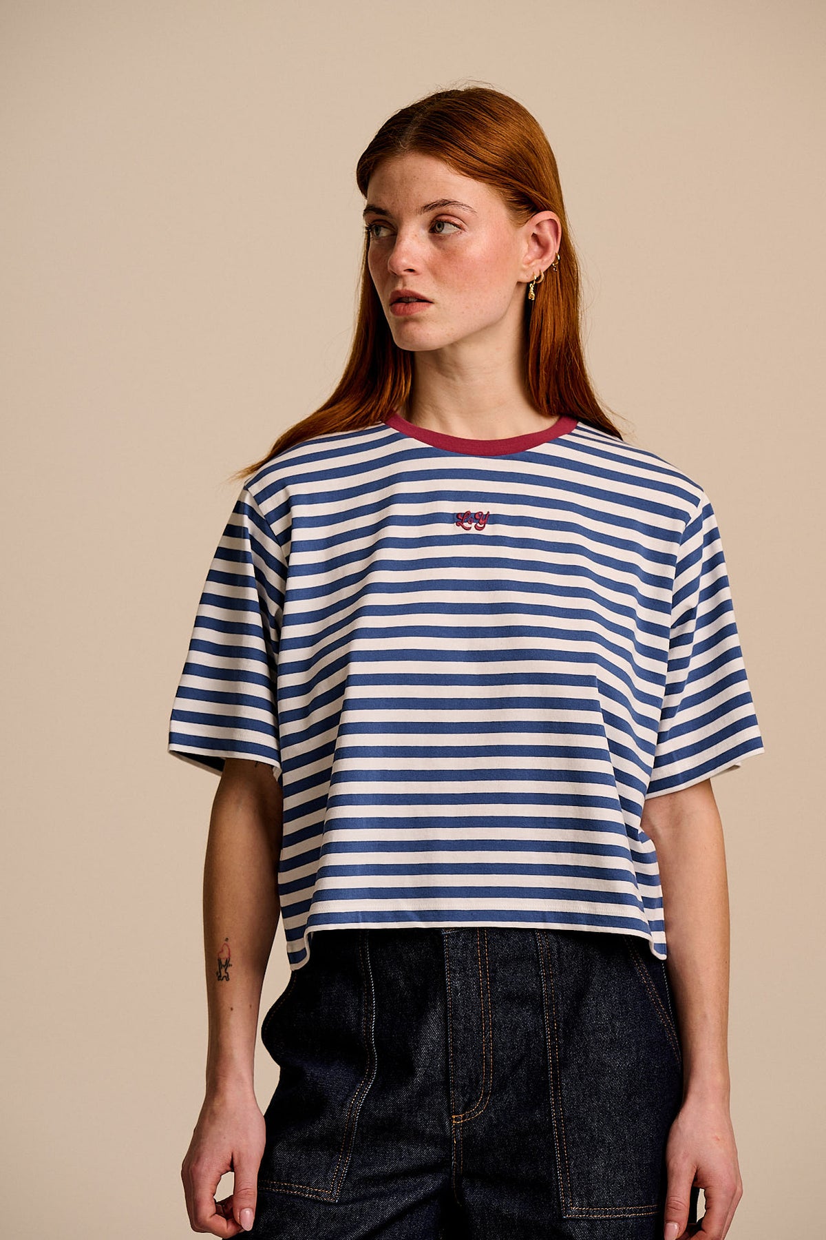 Zayla - Cropped Boxy T-Shirt Cotton in Navy & White Stripe
