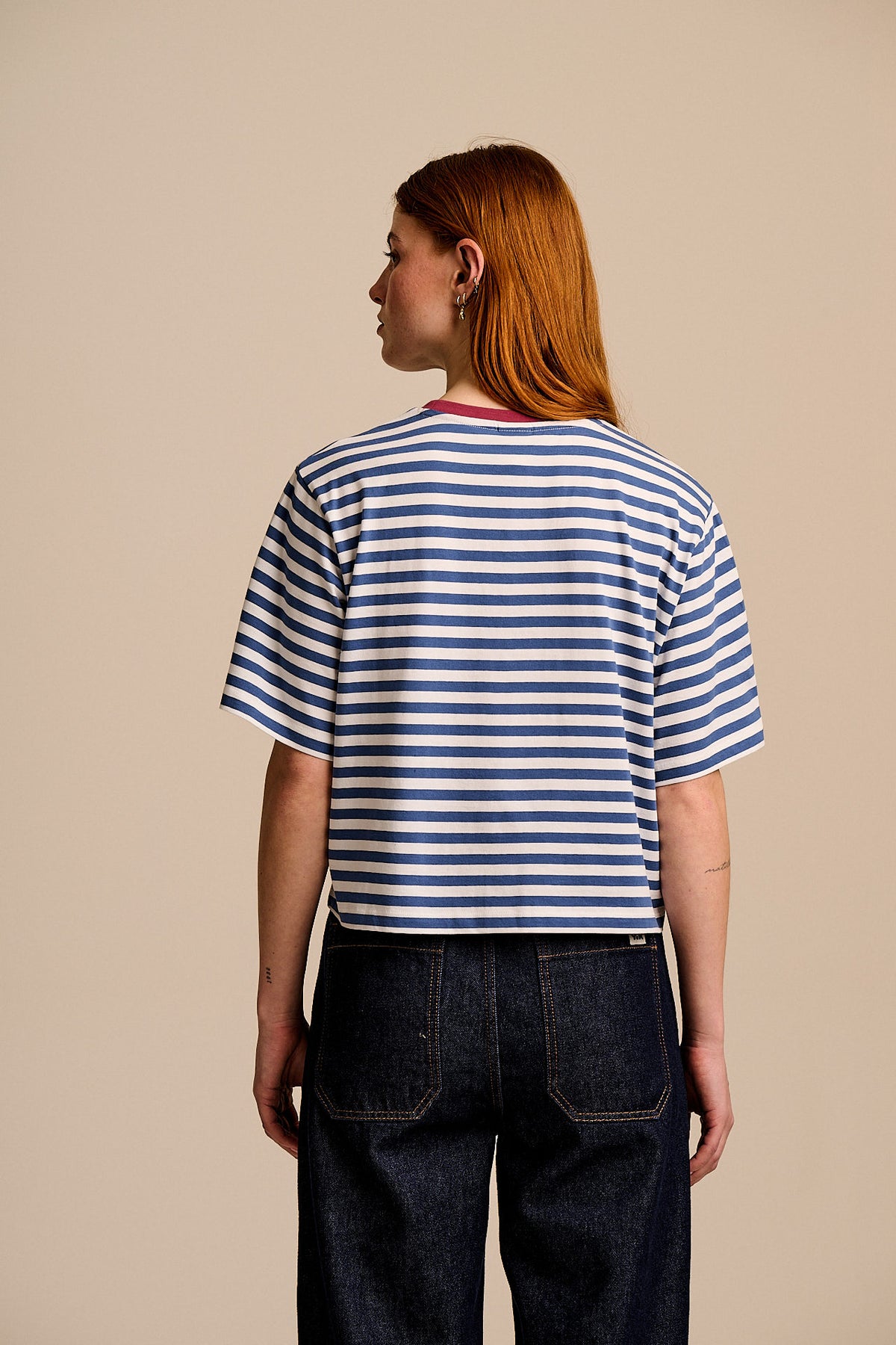 Zayla - Cropped Boxy T-Shirt Cotton in Navy & White Stripe