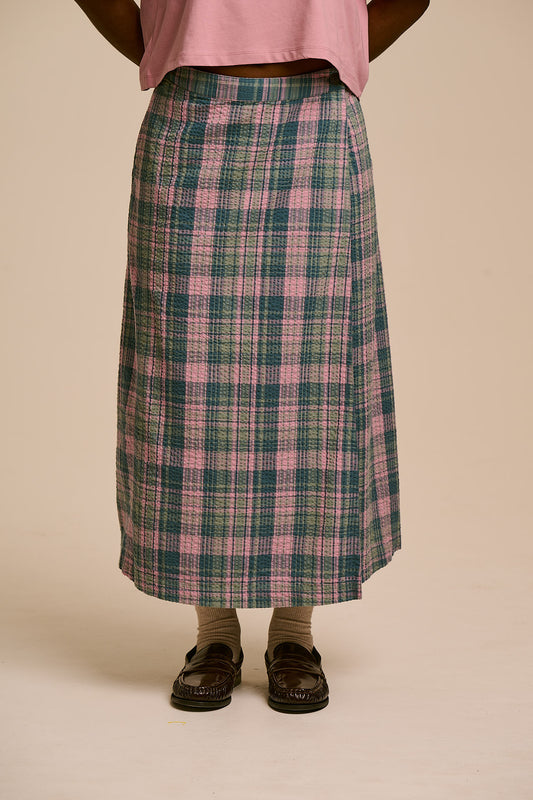 Miley - Wrap Midi Skirt Organic Cotton Seersucker in Palace Check