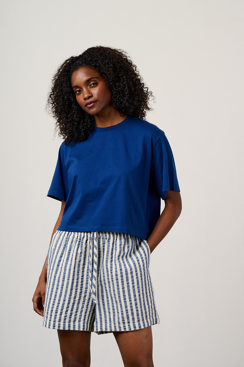 Zayla - Cropped Boxy T-Shirt Cotton in Blue
