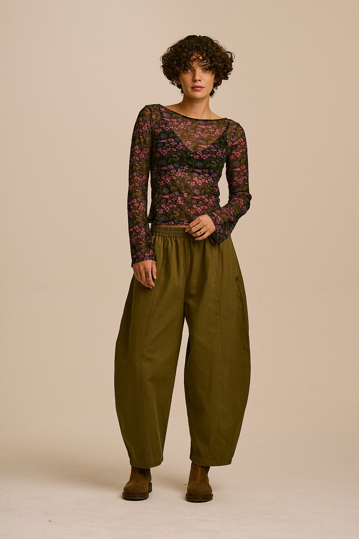 Zoe - Long Sleeve Slash Neck Top Recycled Polyester Mesh in Ditsy Floral
