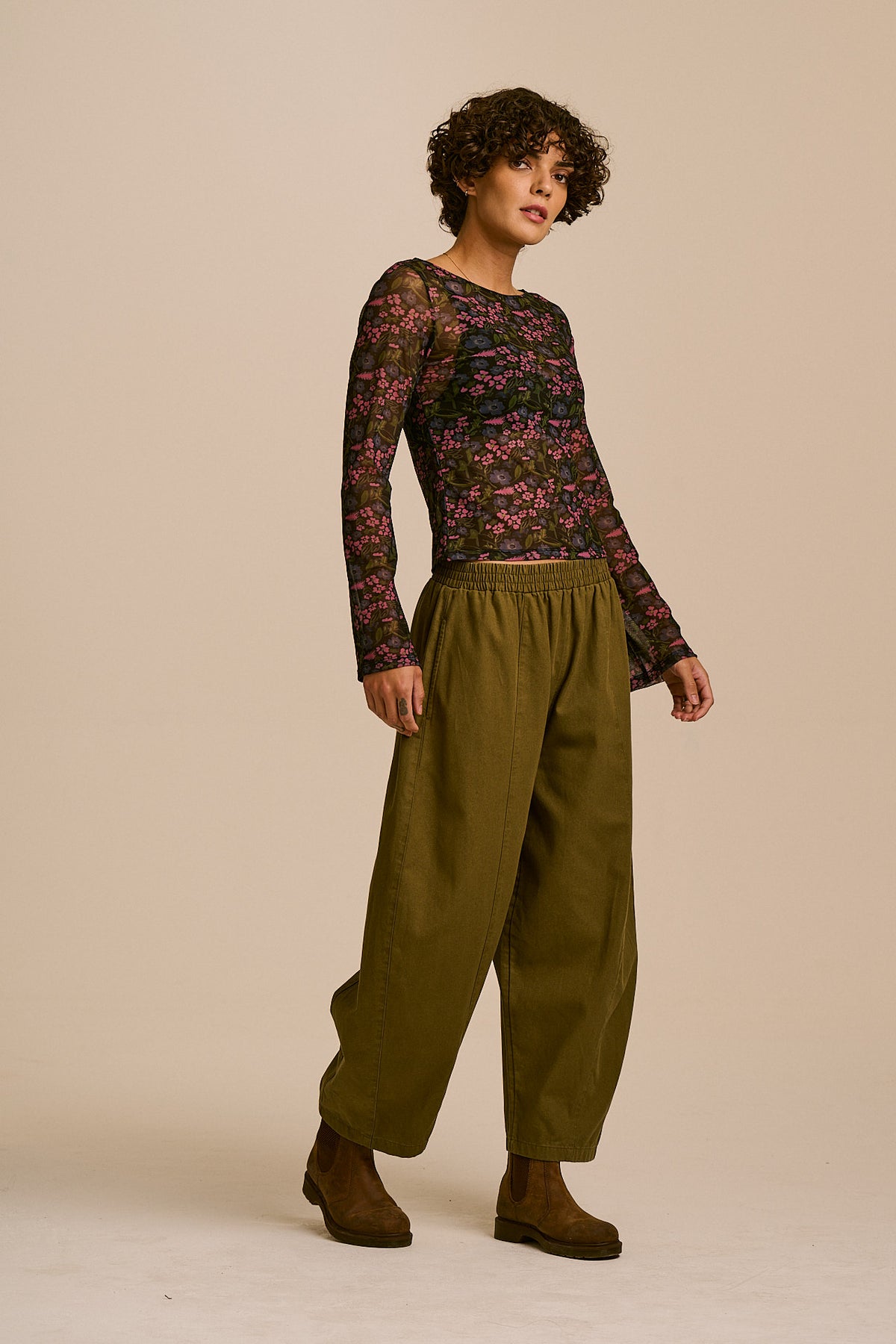 Zoe - Long Sleeve Slash Neck Top Recycled Polyester Mesh in Ditsy Floral
