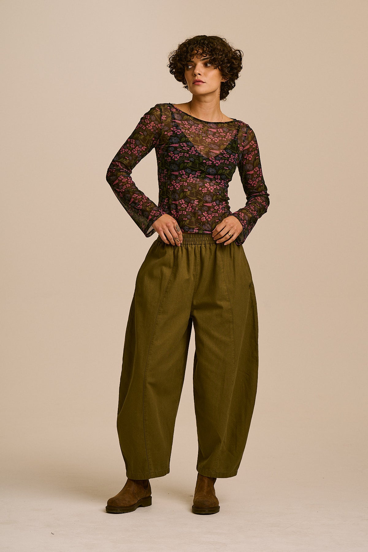 Zoe - Long Sleeve Slash Neck Top Recycled Polyester Mesh in Ditsy Floral