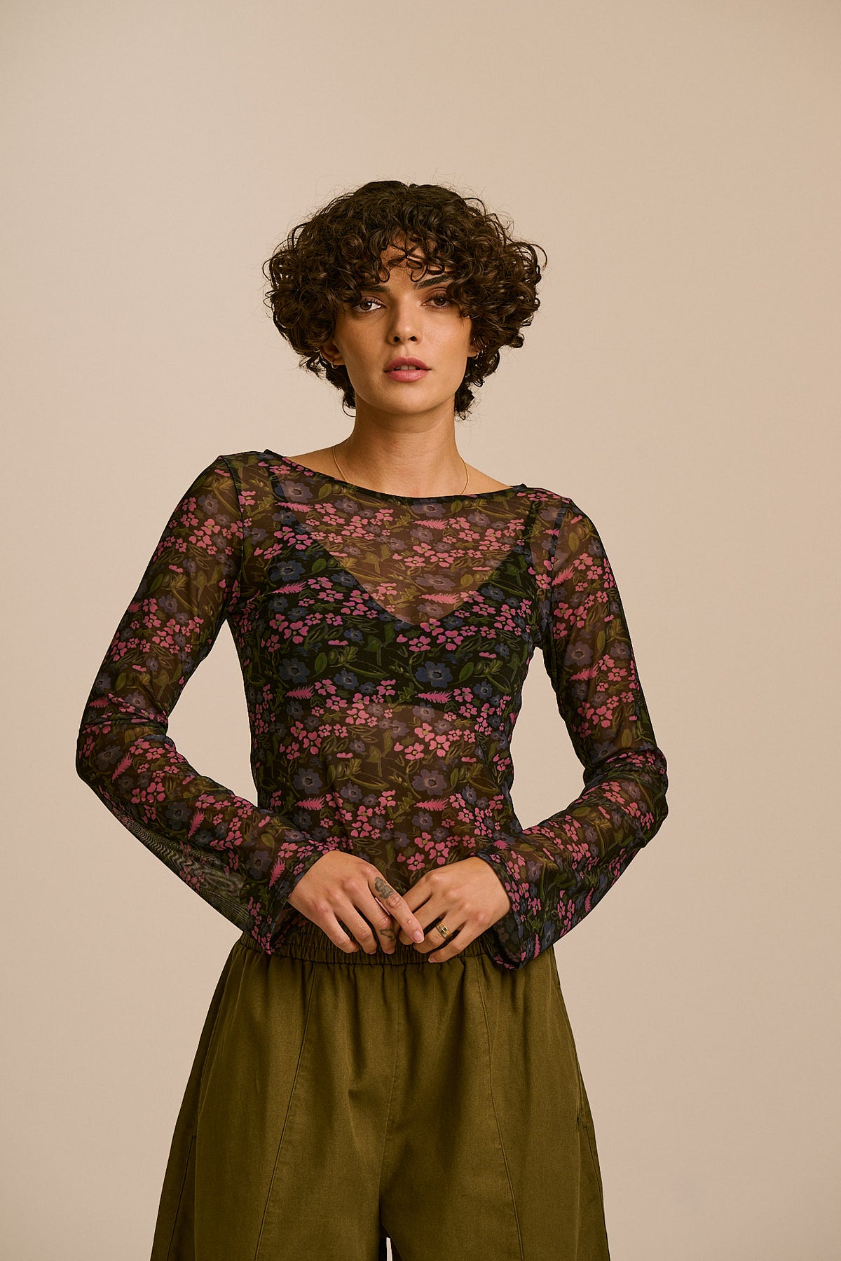 Zoe - Long Sleeve Slash Neck Top Recycled Polyester Mesh in Ditsy Floral
