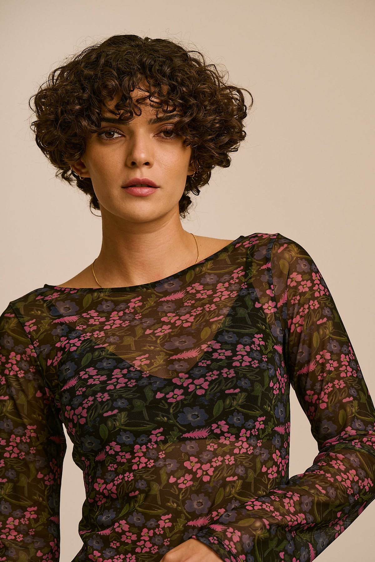 Zoe - Long Sleeve Slash Neck Top Recycled Polyester Mesh in Ditsy Floral
