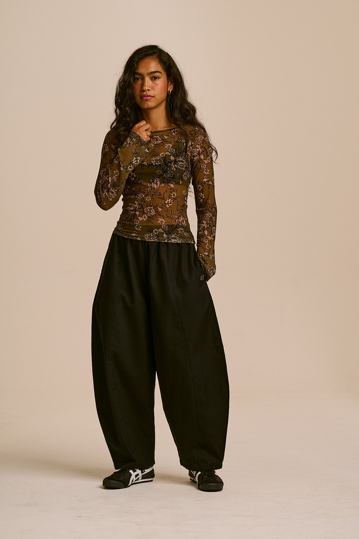 Zoe - Long Sleeve Slash Neck Top Recycled Polyester Mesh in Green Floral
