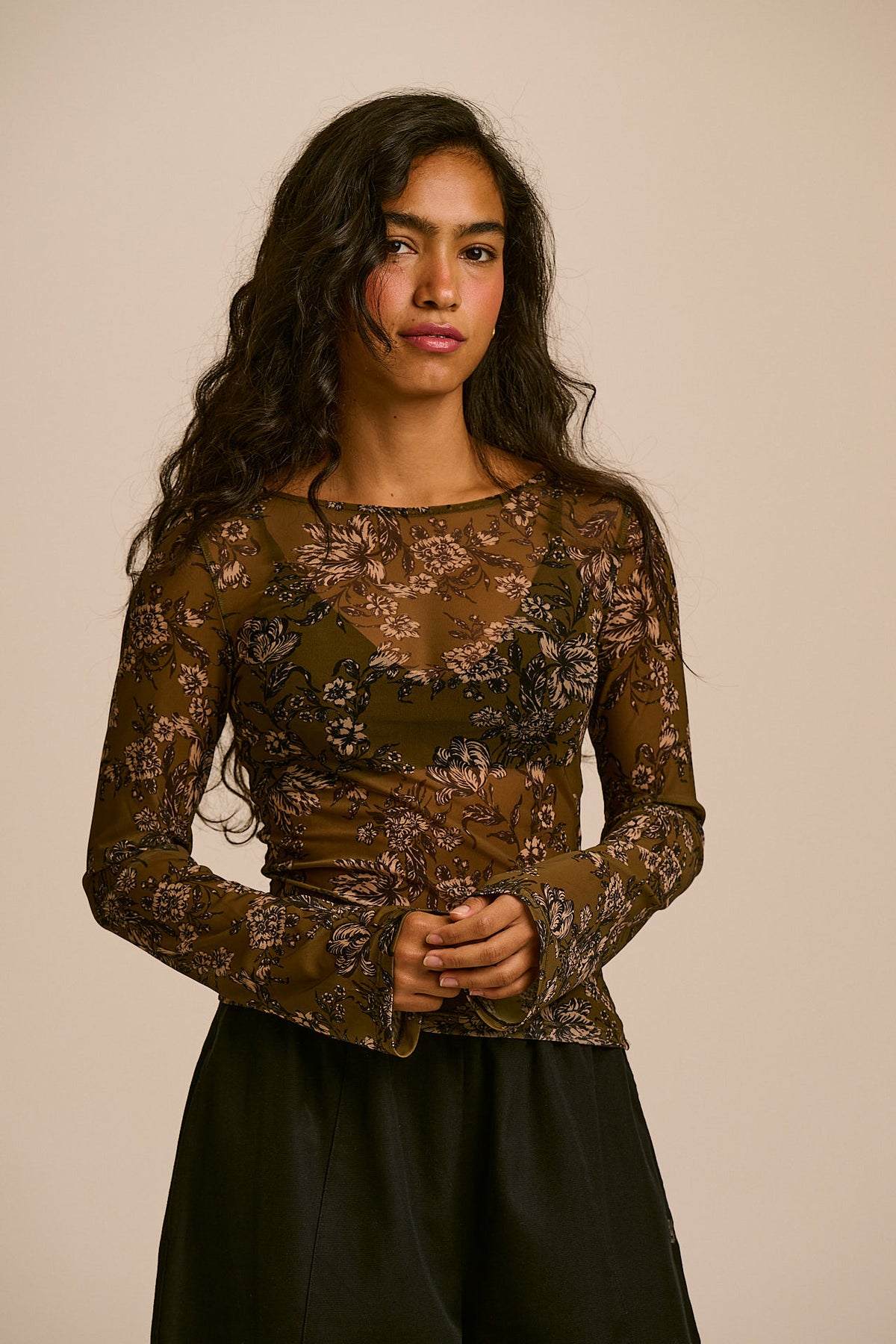 Zoe - Long Sleeve Slash Neck Top Recycled Polyester Mesh in Green Floral