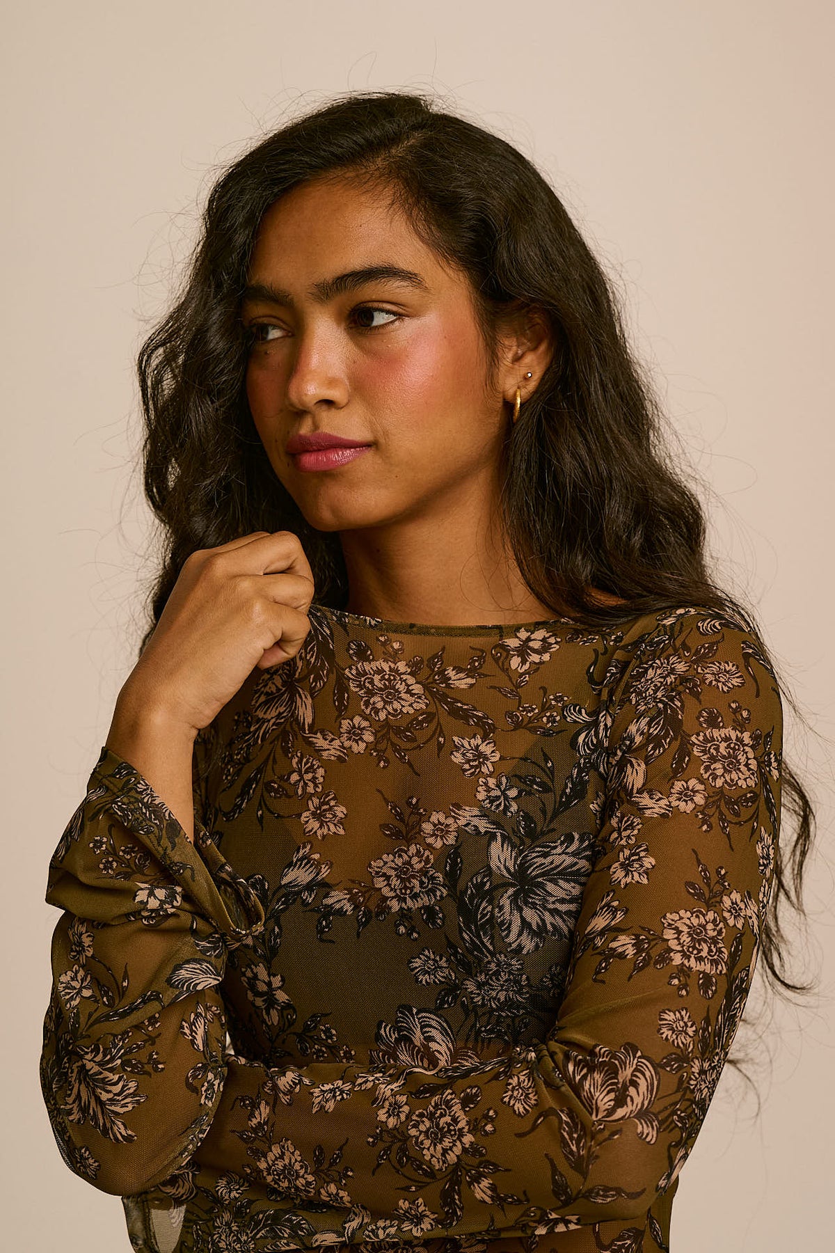 Zoe - Long Sleeve Slash Neck Top Recycled Polyester Mesh in Green Floral