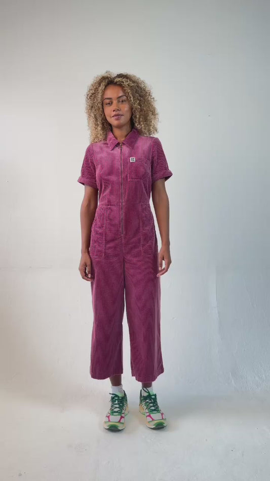 Ragan - Cropped Leg Jumpsuit Organic Cotton Corduroy in Raspberry